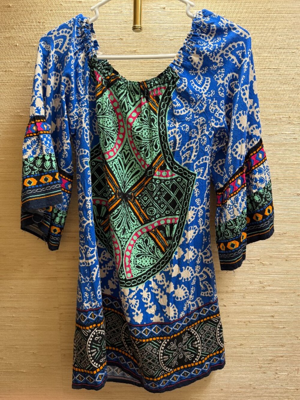 Flying Tomato Boho Paisley Bell Sleeve Shift Dress Blue Small